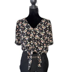 Ultra Flirt Black Floral Blouse Front Tie V-neck Button Down Short Sleeve  XS